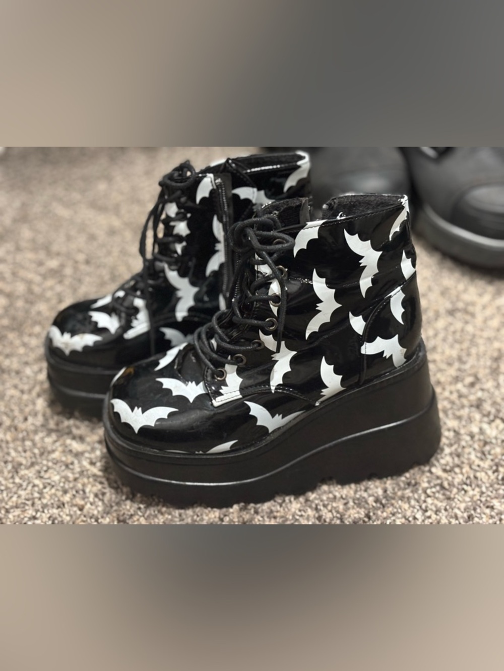 Black Bat-Print Platform Lace-Up Boots - Women